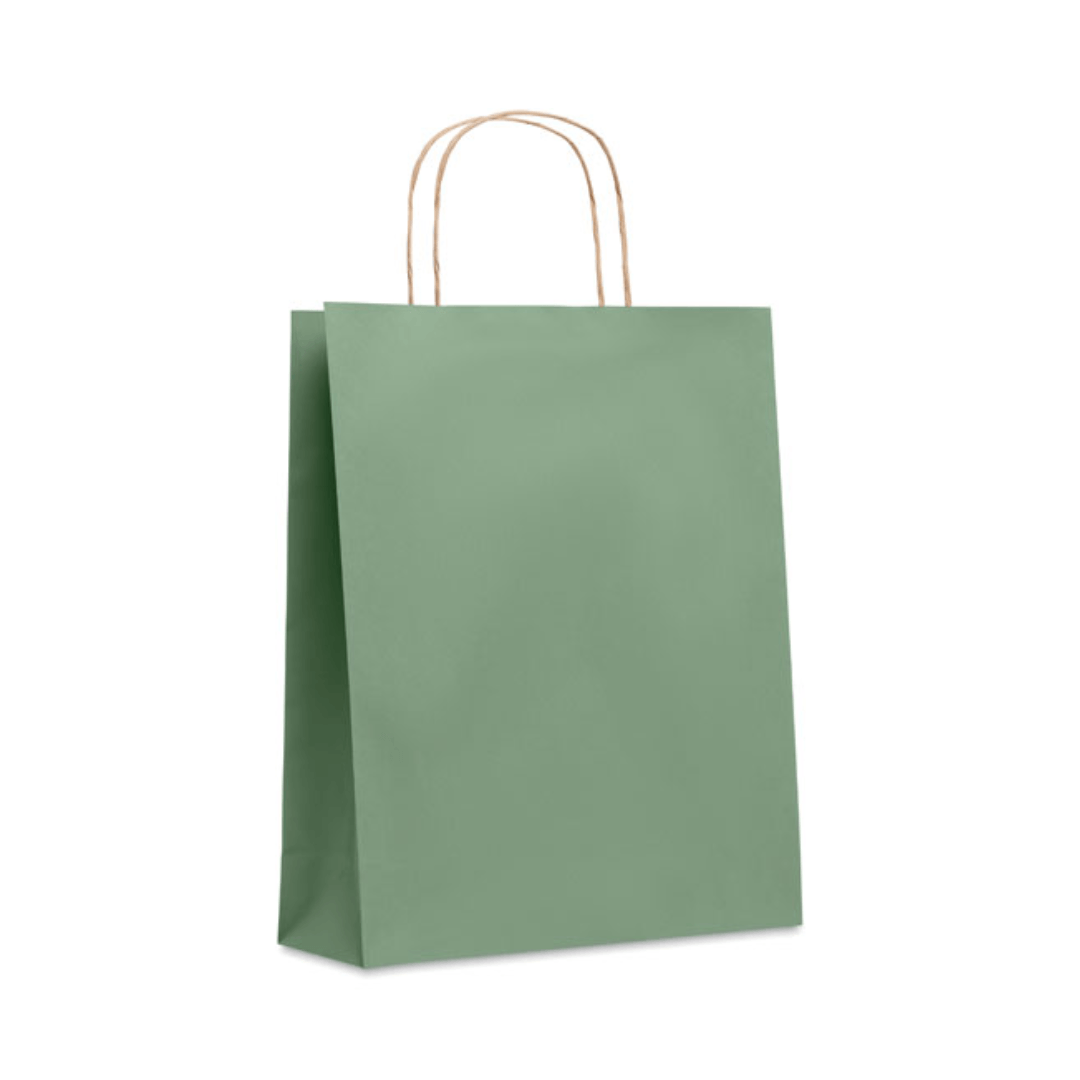 Grand sac cadeau vert personnalisable avec logo.