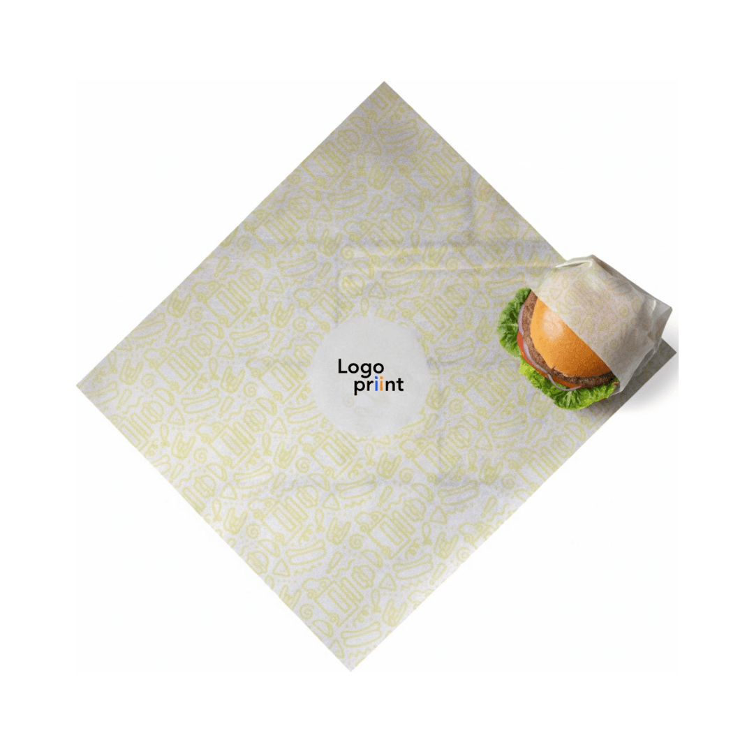 Amballage alimentaire blanc et jaune personnalisable avec logo.