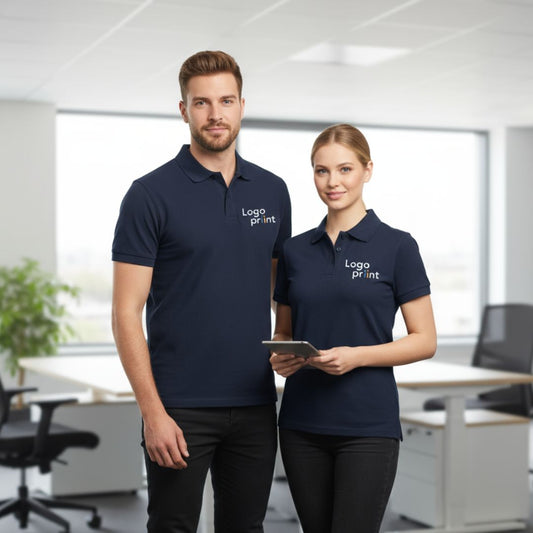 Deux personnes portant un polo Logopriint dans un bureau.