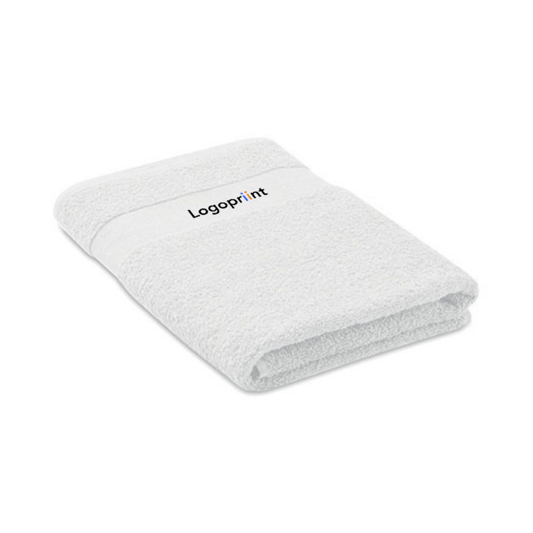 Serviette de bain 70x140 blanche personnalisable avec logo.