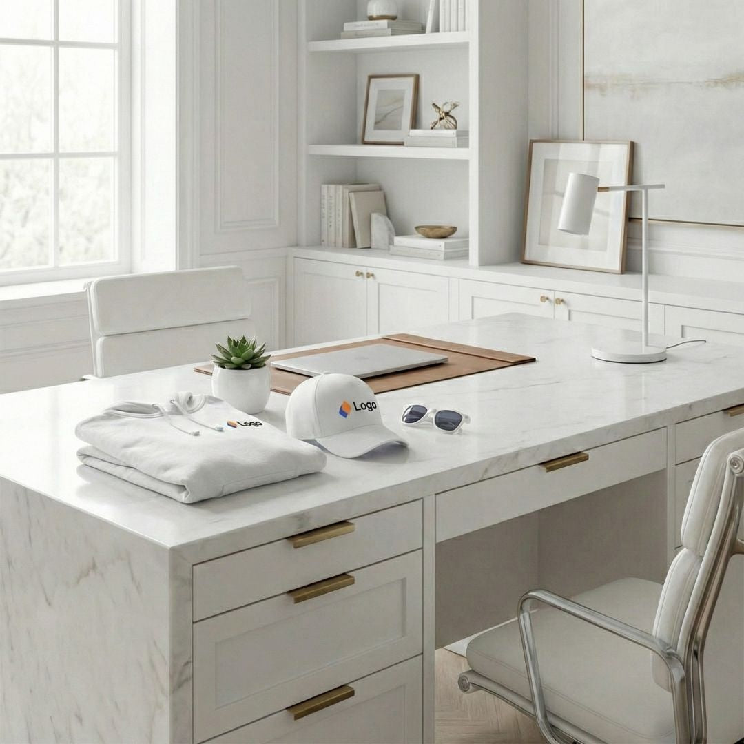 Un espace de travail lumineux et haut de gamme mettant en valeur des articles promotionnels blancs personnalisés.